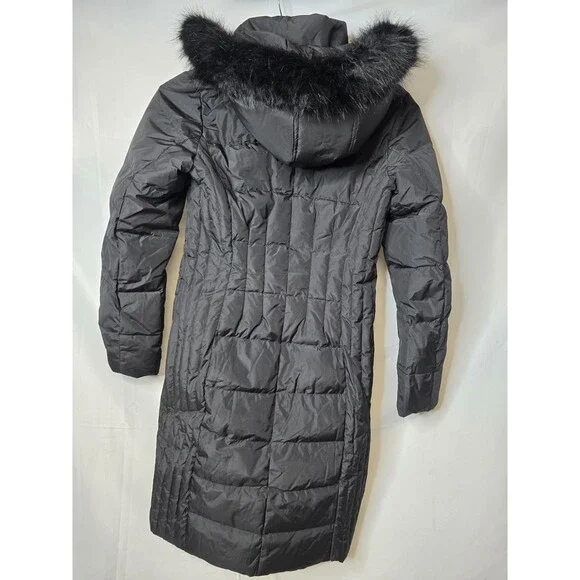 NWT Kimi + Kai Womens Black Faux Fur Trim Hooded Quilted Down Long Jacket Size S